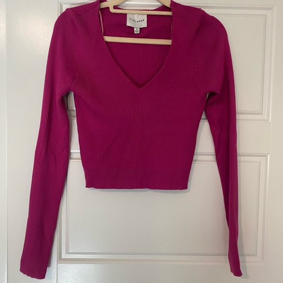 Pink Rose Tops - Pink Rose Women's Deep V-Neck Ribbed Knit Top - Pink